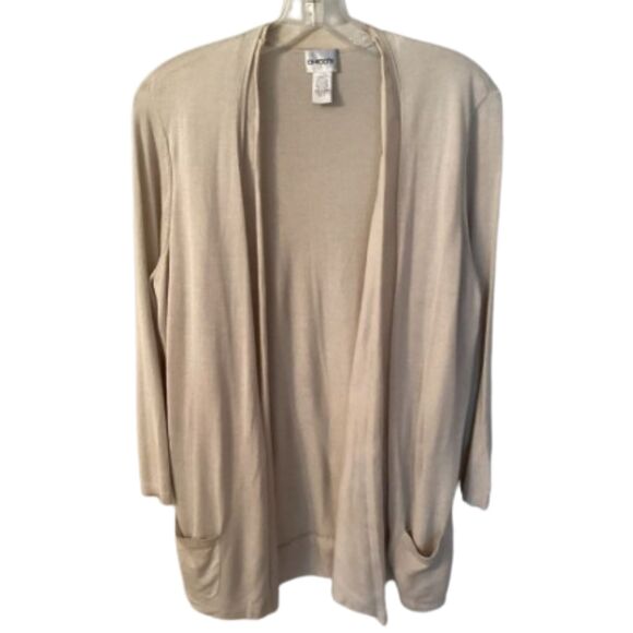 CHICO'S SIZE LARGE 12 TAN SILK BLEND LIGHTWEIGHT OPEN FRONT CARDIGAN SWEATER - Picture 1 of 6